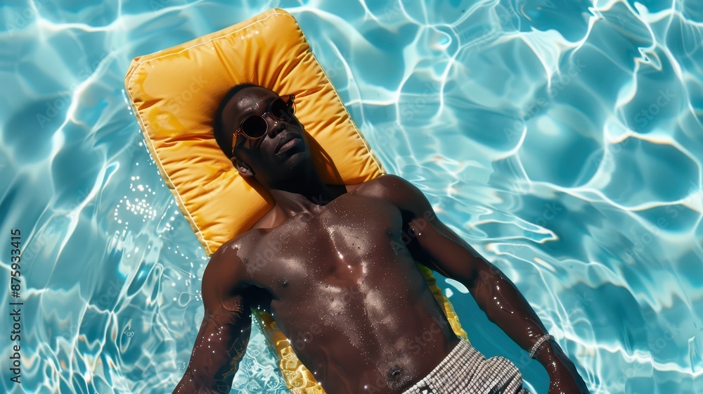 man lies on a swimming mattress in the pool