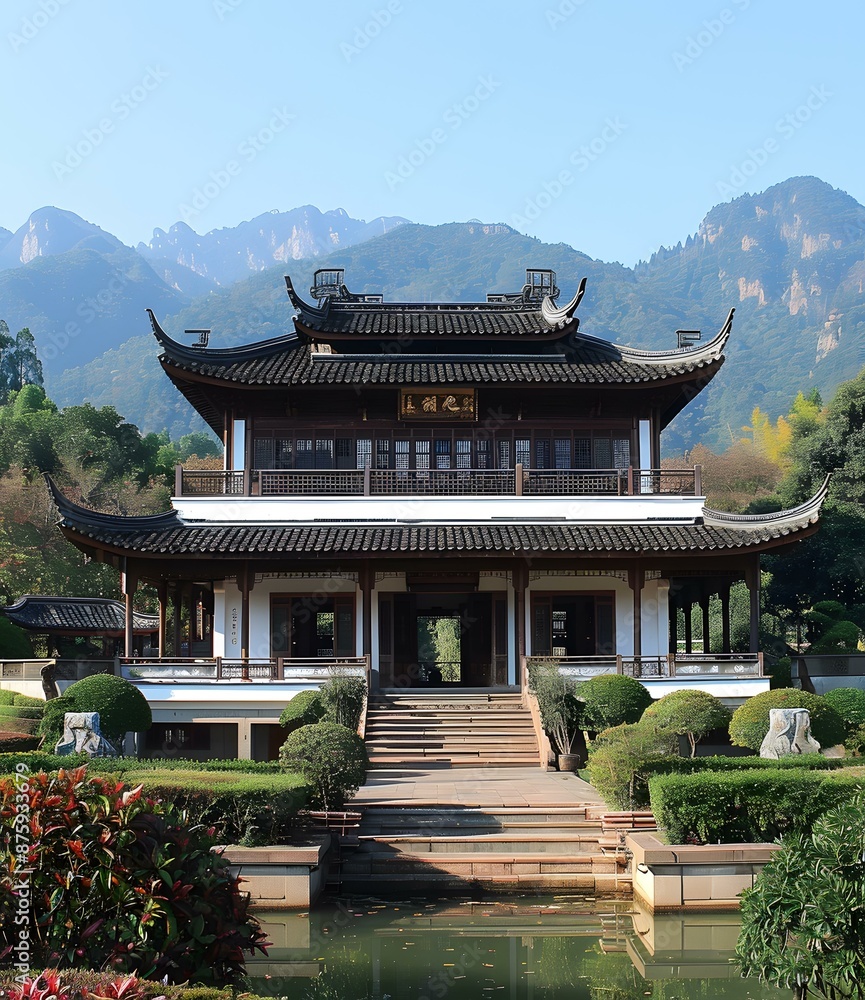 Traditional Chinese Architecture with Mountain View Traditional Chinese Architecture with Mountain View