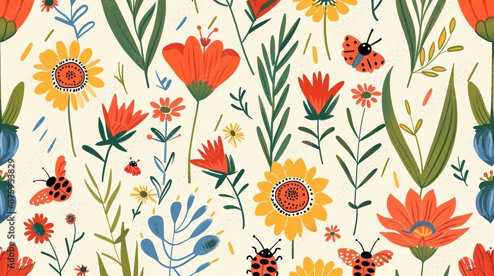 Seamless pattern of colorful flowers and ladybugs on a light background. Seamless pattern of colorful flowers and ladybugs on a light background.