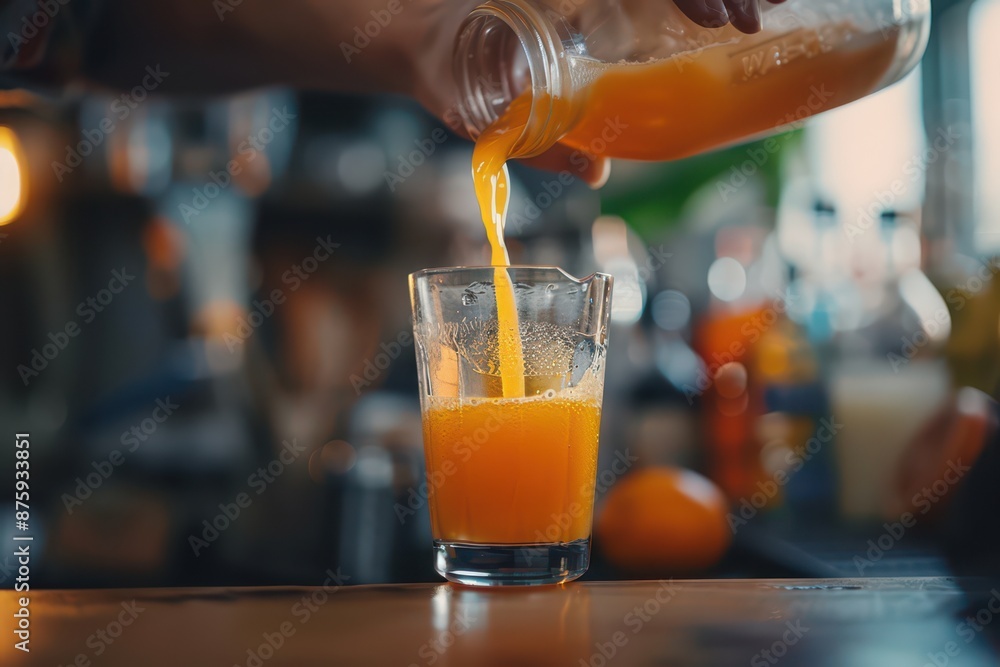 man pouring orange juice into glass in kitchen