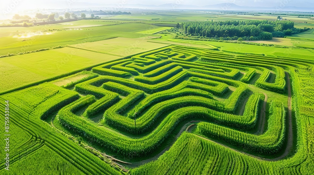 A picturesque aerial view of a corn maze in the shape of a Halloween-themed design, surrounded by fields and autumn foliage, stunning detail A picturesque aerial view of a corn maze in the shape of a Halloween-themed design, surrounded by fields and autumn foliage, stunning detail