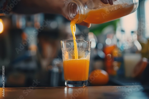 Obraz na płótnie man pouring orange juice into glass in kitchen w salonie