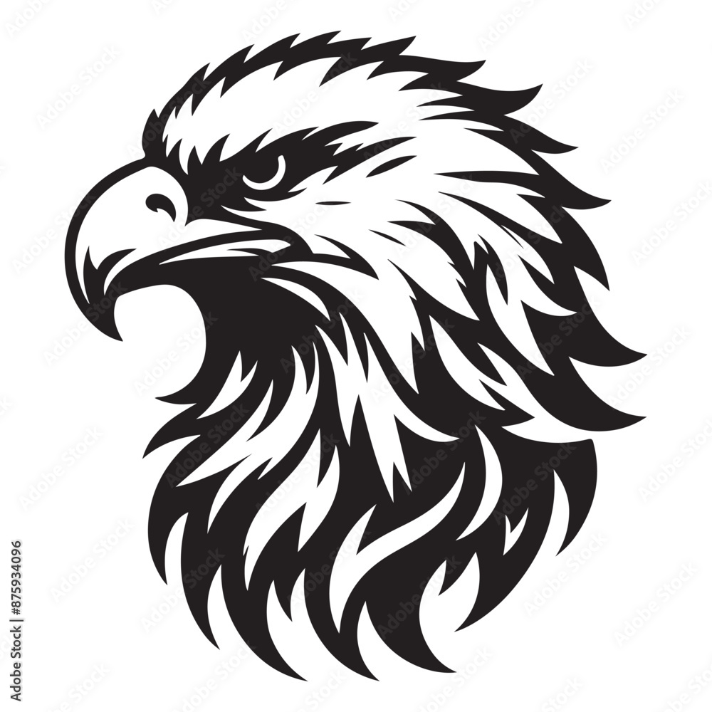 Fototapeta premium powerful black and white eagle head illustration, with dynamic, flame-like feathers and a fierce, focused eye