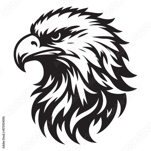 powerful black and white eagle head illustration, with dynamic, flame-like feathers and a fierce, focused eye