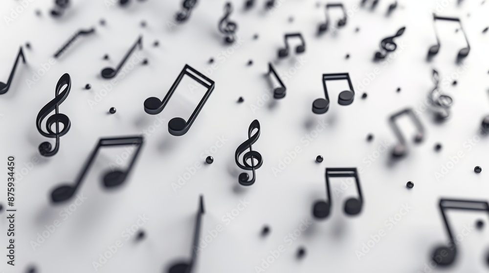 Black music notes with white background, 3d rendering. Stylized black music notes elegantly arranged against a stark white background, highlighting their form and artistic simplicity. Black music notes with white background, 3d rendering. Stylized black music notes elegantly arranged against a stark white background, highlighting their form and artistic simplicity.