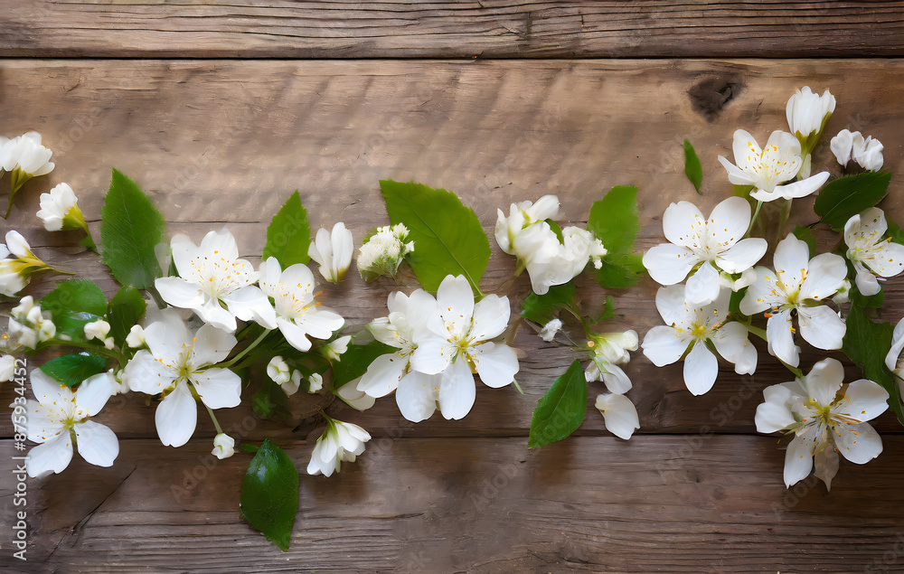 white flowers on a wooden background. Generative AI. white flowers on a wooden background. Generative AI.