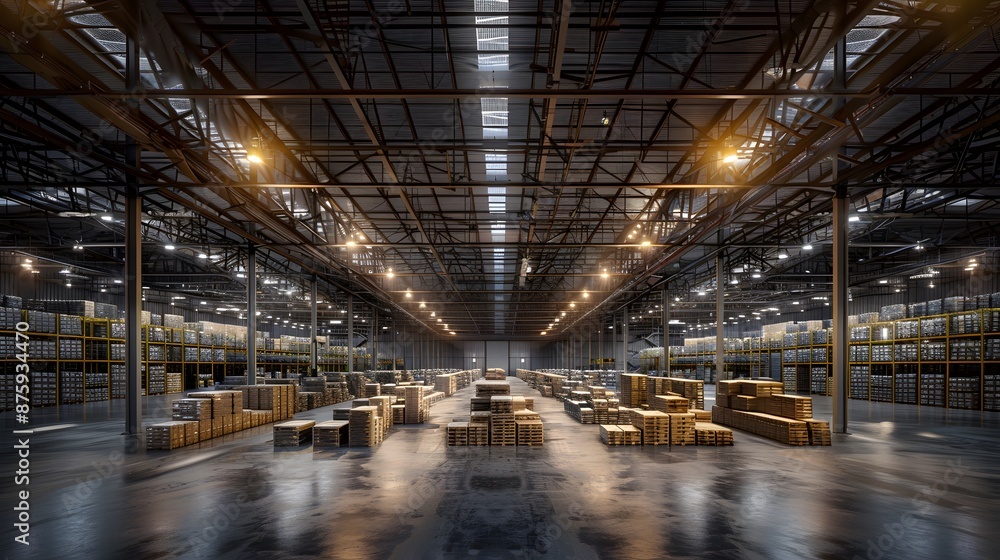 Warehouse with high schelves filled with boxes and pallets Warehouse with high schelves filled with boxes and pallets