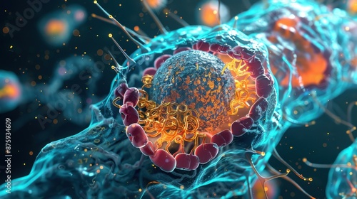 Fototapeta Naklejka Na Ścianę i Meble -  Structure of nuclear and endoplasmic reticulum in an animal cell, detailed section view, 3d rendering.