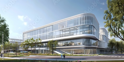 An illustration of a modern office building with a curved glass facade