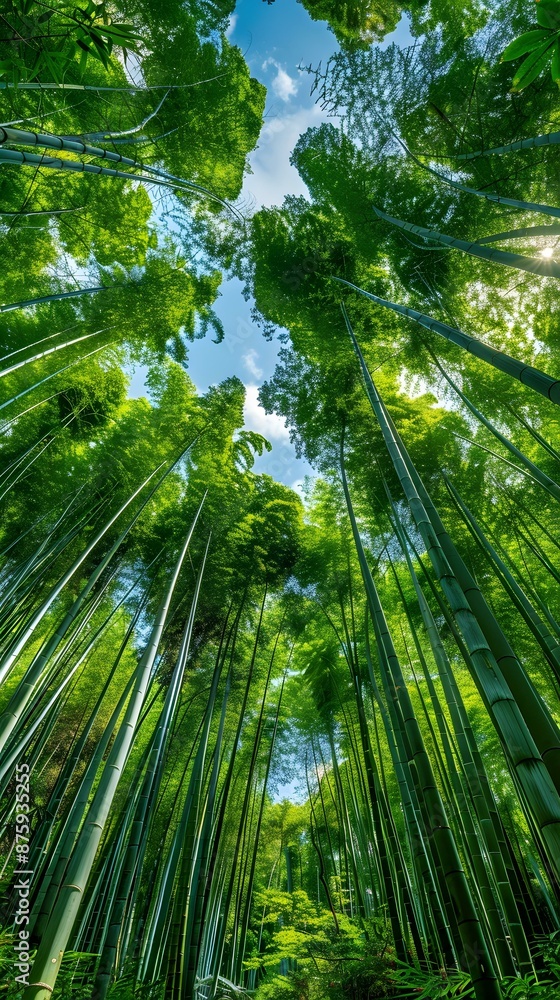 Looking up at the green bamboo forest Looking up at the green bamboo forest
