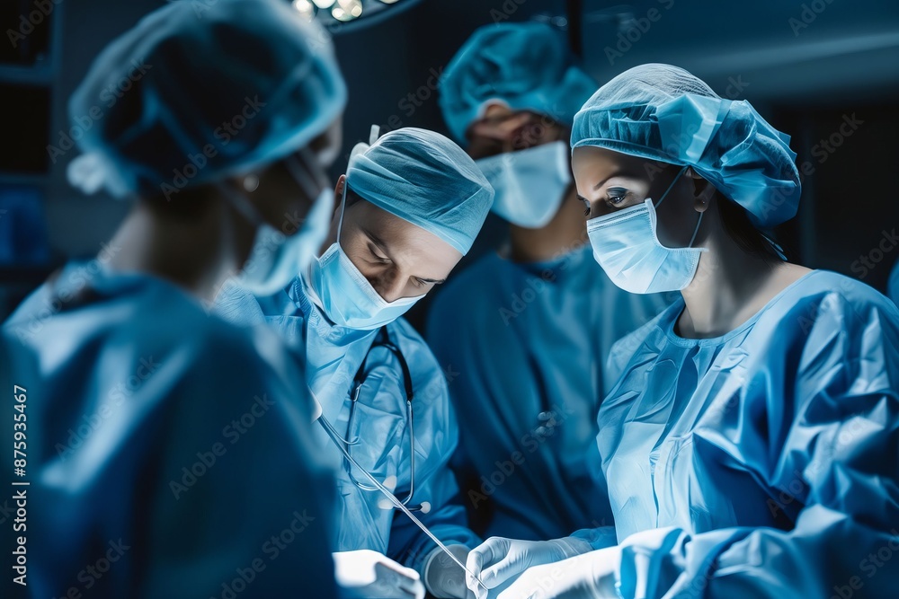 A group of surgeons in an operating room. A group of surgeons in an operating room.