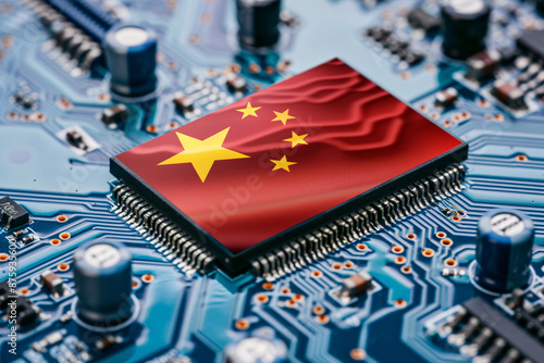 An electronic chip featuring the Chinese flag, representing China's role in the global electronics industry