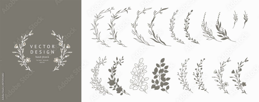 Floral round frames set. Hand drawn botanical floral elements in line and silhouette style. Flowers, branches and leaves. Vector for label, logo, corporate identity, wedding invitation, wreath, border
