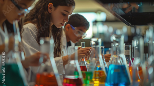 students conducting a science experiment with colorful chemicals in a laboratory setting, focused and engaged in learning