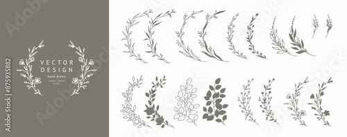 Floral round frames set. Hand drawn botanical floral elements in line and silhouette style. Flowers, branches and leaves. Vector for label, logo, corporate identity, wedding invitation, wreath, border