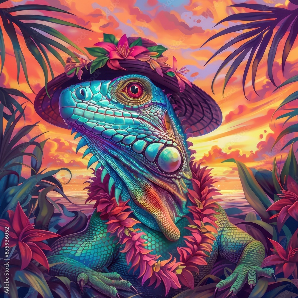 Fototapeta premium Colorful lizard wearing a floral hat and lei, surrounded by tropical plants with a vibrant sunset background.