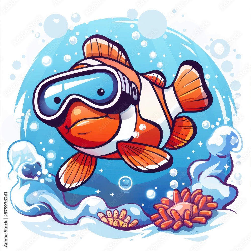 Obraz premium Colorful cartoon clownfish swimming underwater with goggles, surrounded by bubbles and coral.