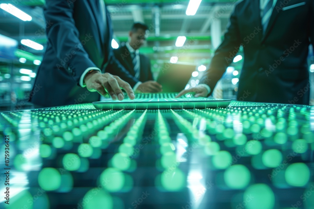 Businessmen working on a large LED screen, focusing on data analysis and technology in a modern office setting. Businessmen working on a large LED screen, focusing on data analysis and technology in a modern office setting.