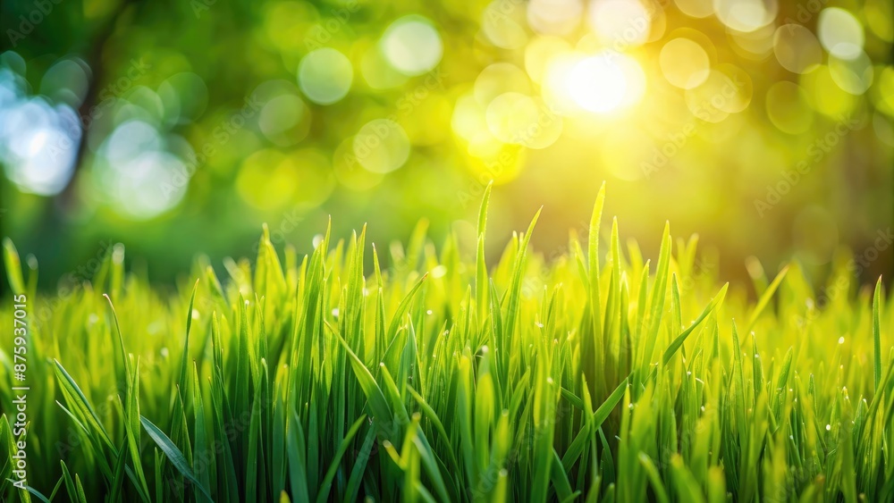 Fototapeta premium photograph of close up of green grass with blurred garden background telephoto lens ambient lighting