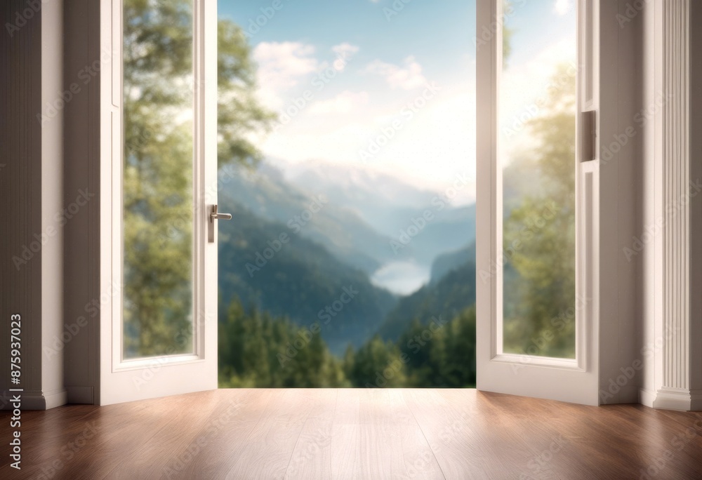 Fototapeta premium forest indoor arc view hard scene serene created door white mountains background wood podium technology floor template panoramic mountain panorama landscape nature natural tree plant