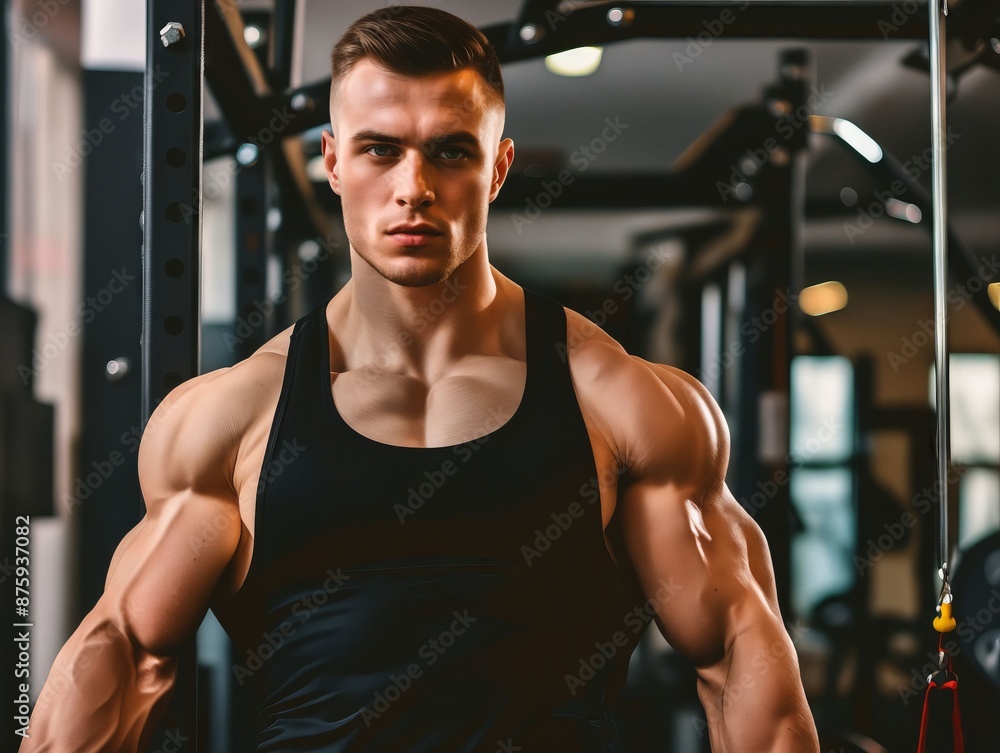 A muscular man in a gym. A muscular man in a gym.