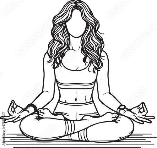 A vector line art illustration of a woman sitting on the floor in a meditation pose 