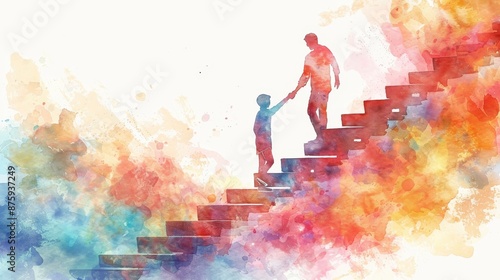 Colorful watercolor illustration of one person helping another up the stairs, symbolizing support, growth, and guidance.
