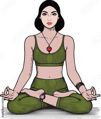 A vector line art illustration of a woman sitting on the floor in a meditation pose 