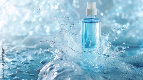 Photo of Splash cosmetic Moisturizer Water Micellar Toner or Emulsion on blue abstract background.