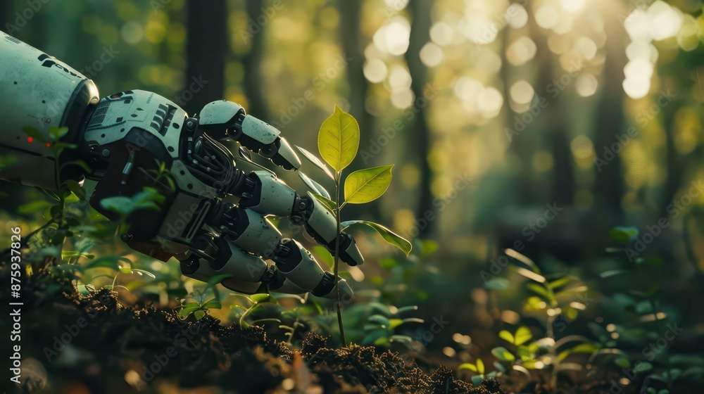 robot arm gently holds a sapling