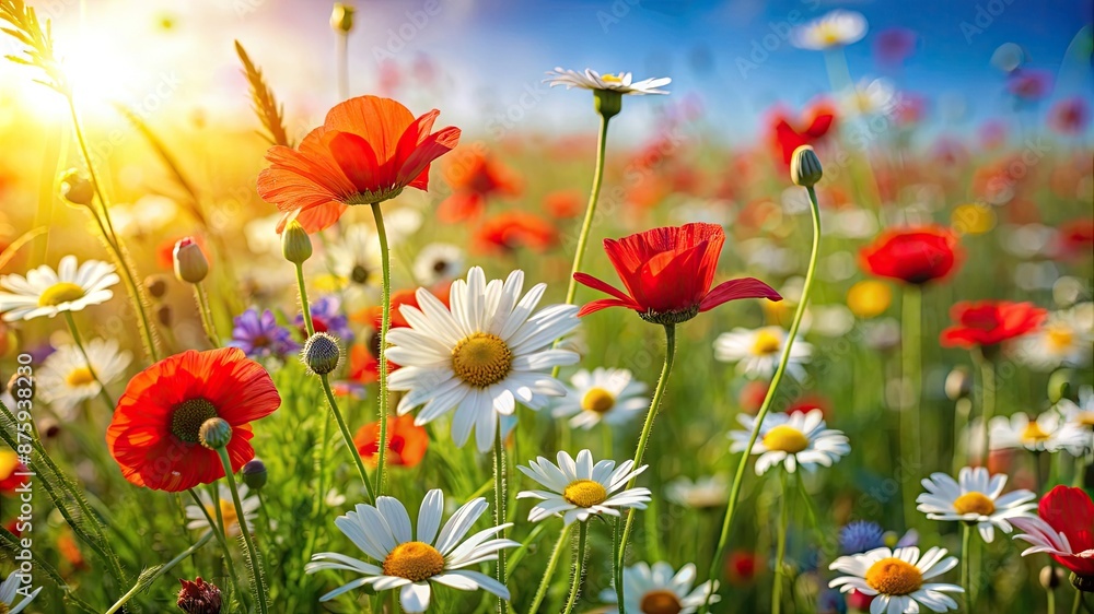 Daisies and poppies on sunny spring meadow. Horizontal close-up with short deep of focus. Natur background concept for leisure and ecology with space for text and design. Daisies and poppies on sunny spring meadow. Horizontal close-up with short deep of focus. Natur background concept for leisure and ecology with space for text and design.