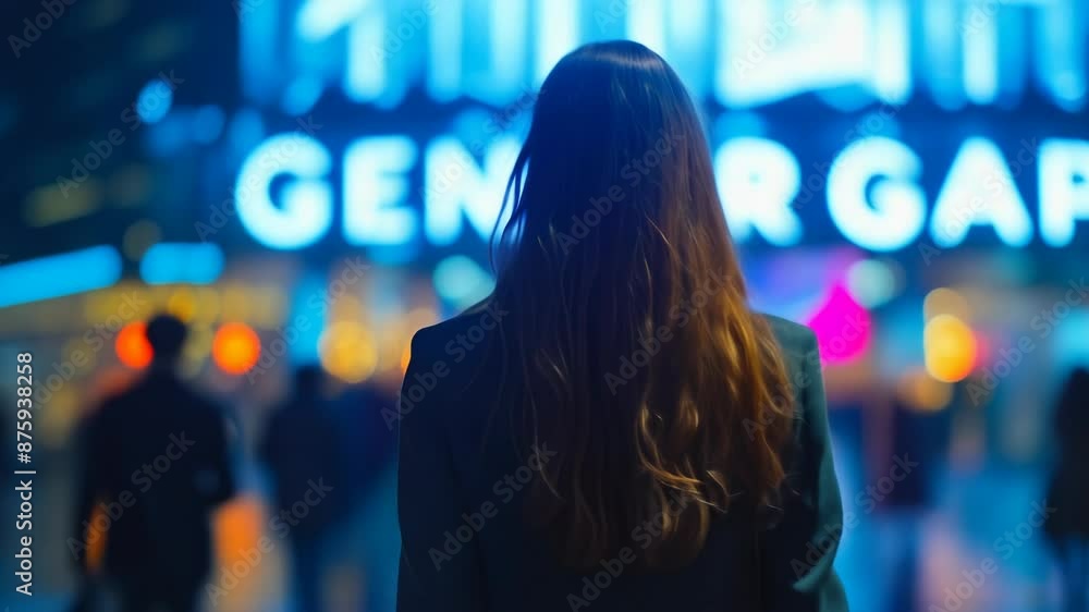 Professional Woman Walking Towards Glowing Gender Gap Sign in Modern Office at Night Symbolizing Workplace Equality Challenges Professional Woman Walking Towards Glowing Gender Gap Sign in Modern Office at Night Symbolizing Workplace Equality Challenges