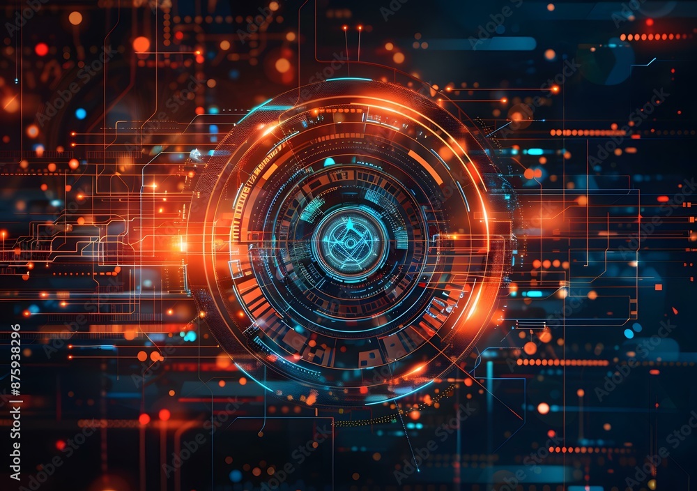 Obraz premium futuristic technology background with orange and blue glowing circle