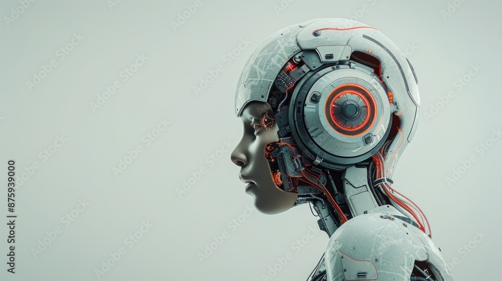 A woman with a robotic head and a pair of headphones A woman with a robotic head and a pair of headphones