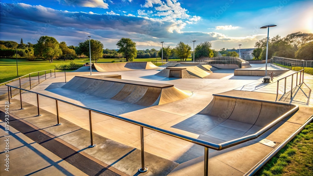 Outdoor skate park with ramps, rails, and halfpipes , youth, skateboarding, extreme sports, leisure, recreation Outdoor skate park with ramps, rails, and halfpipes , youth, skateboarding, extreme sports, leisure, recreation