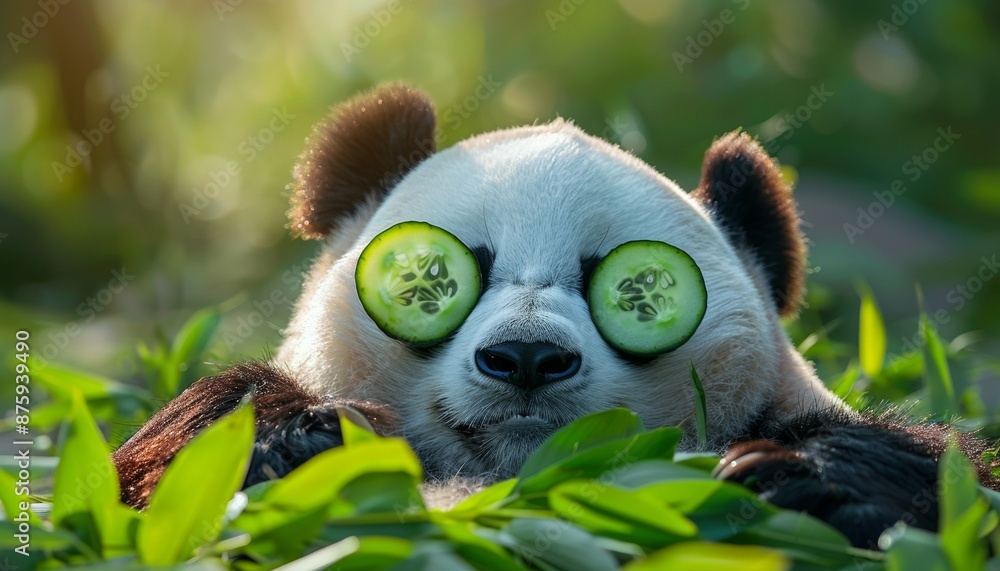 Panda Relaxing with Cucumber Slices on Eyes, Fun and Adorable Moment Panda Relaxing with Cucumber Slices on Eyes, Fun and Adorable Moment