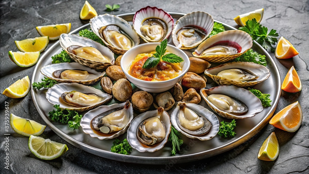 Oyster nestled in a seafood platter accompanied by clams and scallops, oyster, seafood, platter, clams, scallops, fresh Oyster nestled in a seafood platter accompanied by clams and scallops, oyster, seafood, platter, clams, scallops, fresh