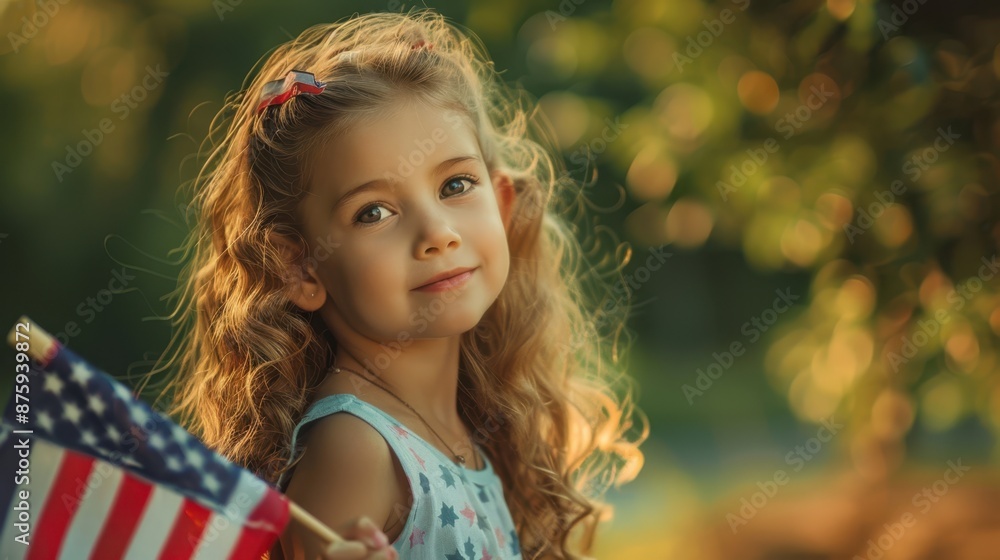 little girl with long curly blond hair holding an american flag