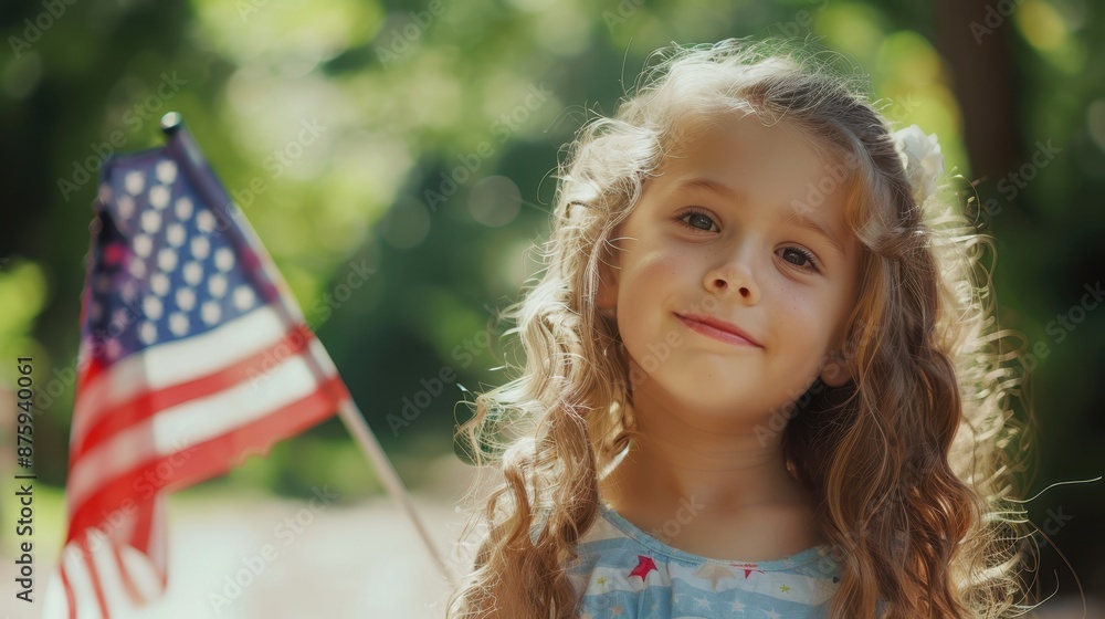 little girl with long curly blond hair holding an american flag