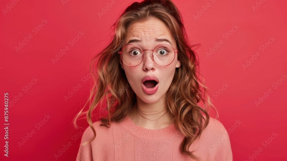 Young woman with wide eyes and open mouth, expressing surprise. She wears round glasses and a pink sweater. The vibrant red background highlights her reaction Young woman with wide eyes and open mouth, expressing surprise. She wears round glasses and a pink sweater. The vibrant red background highlights her reaction