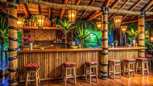 Vibrant and colorful Tiki bar interior with bamboo decor and tropical motifs, tropical, exotic, bar, interior, design photo