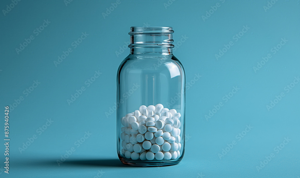 White pills in a glass jar on a blue background. White pills in a glass jar on a blue background.