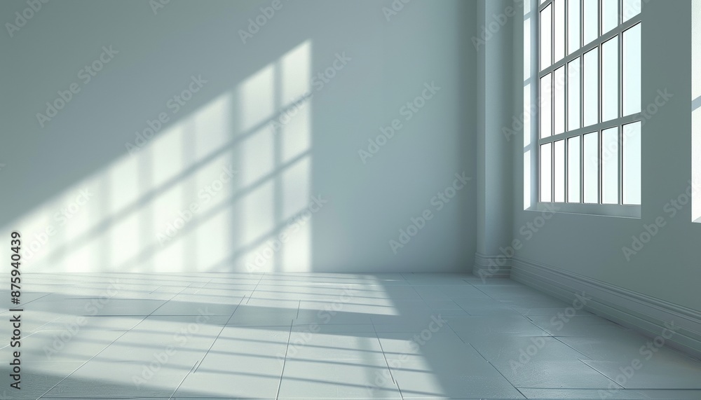 Empty Room with White Wall, Sunlight Casting Shadows through Window, Space Concept, Banner with Copy Space Empty Room with White Wall, Sunlight Casting Shadows through Window, Space Concept, Banner with Copy Space