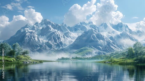 Tranquil lake reflecting towering mountains © rachmat