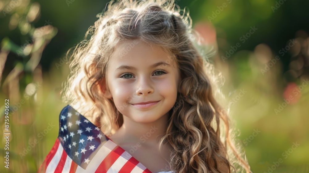 little girl with long curly blond hair holding an american flag