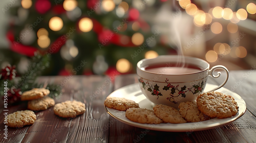Tea and christmas oatmeal biscuits in a saucer very detailed and realistic shape Tea and christmas oatmeal biscuits in a saucer very detailed and realistic shape