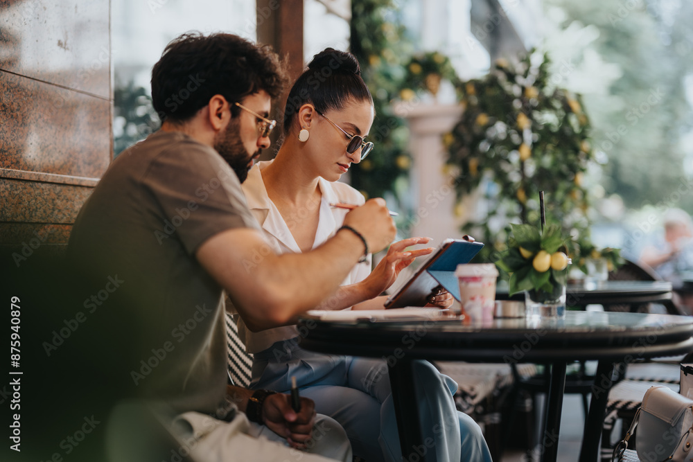© qunica.com - Two business partners discussing new project while analyzing statistics and strategizing in a modern coffee shop, surrounded by greenery. © qunica.com - Two business partners discussing new project while analyzing statistics and strategizing in a modern coffee shop, surrounded by greenery.