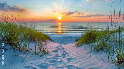 Fototapeta Naklejka Na Ścianę i Meble -  Seaside Sunset: Sand, Grass, and Ocean Waves