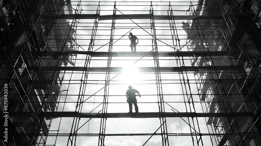 Silhouette of construction workers assembling scaffolding around a new building. The intricate network of scaffolding and the workers silhouettes are framed against the bright morning sky,