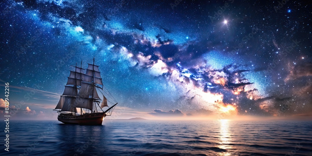 Ship sailing under starry night sky , ship, night, stars, water, ocean, voyage, travel, navigation, adventure, dark, moon Ship sailing under starry night sky , ship, night, stars, water, ocean, voyage, travel, navigation, adventure, dark, moon